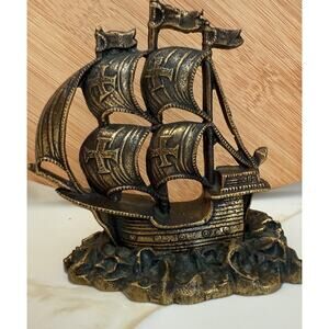 Vintage Cast Iron Ship Galleon Sailing Staue Trinket 3”x2” Mid Century Gold